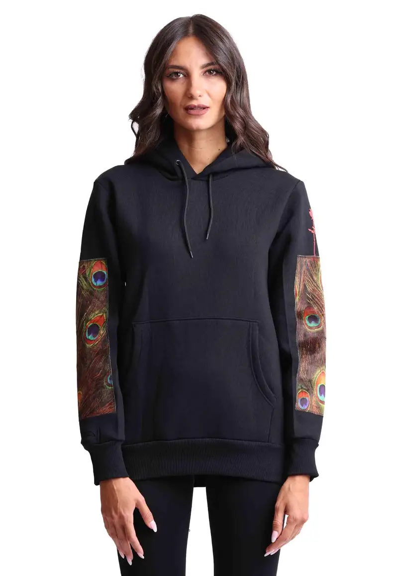 Felpa donna con cappuccio in tessuto nero e stampa in seta Donna HOODIE PAVONE