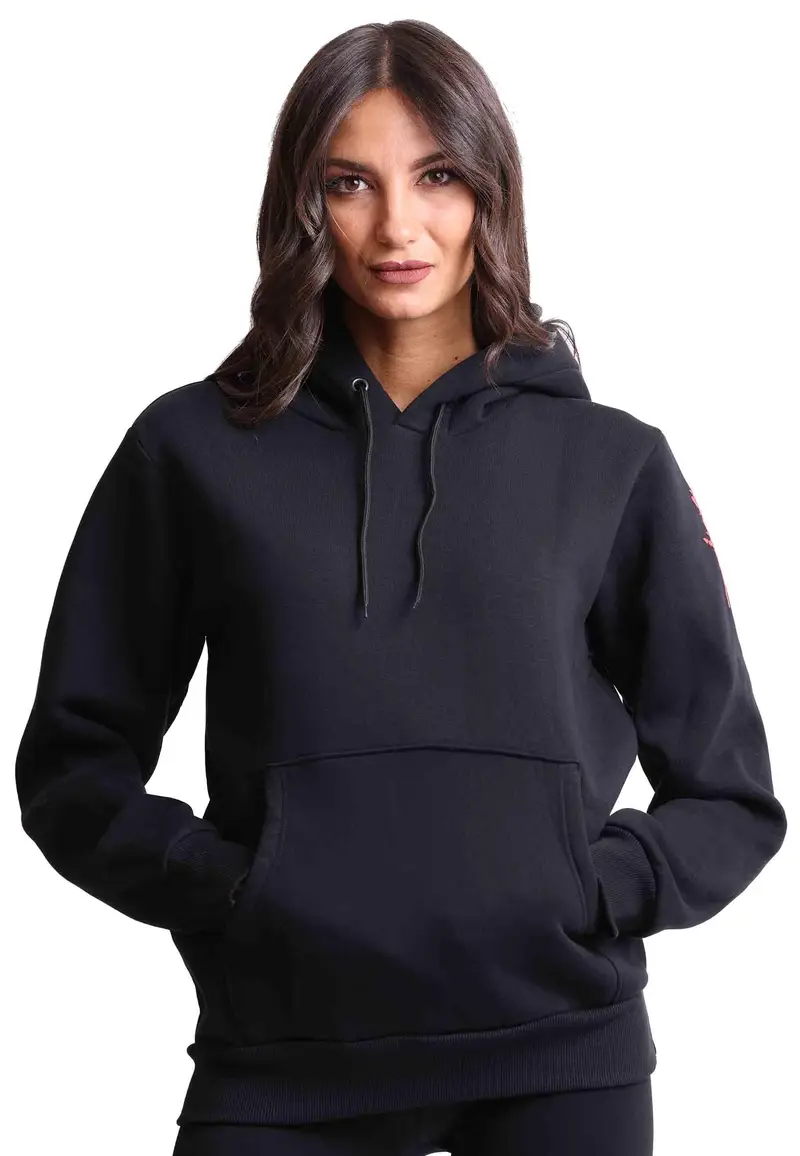 Felpa donna con cappuccio in tessuto nero e stampa in seta Donna HOODIE TOKYO