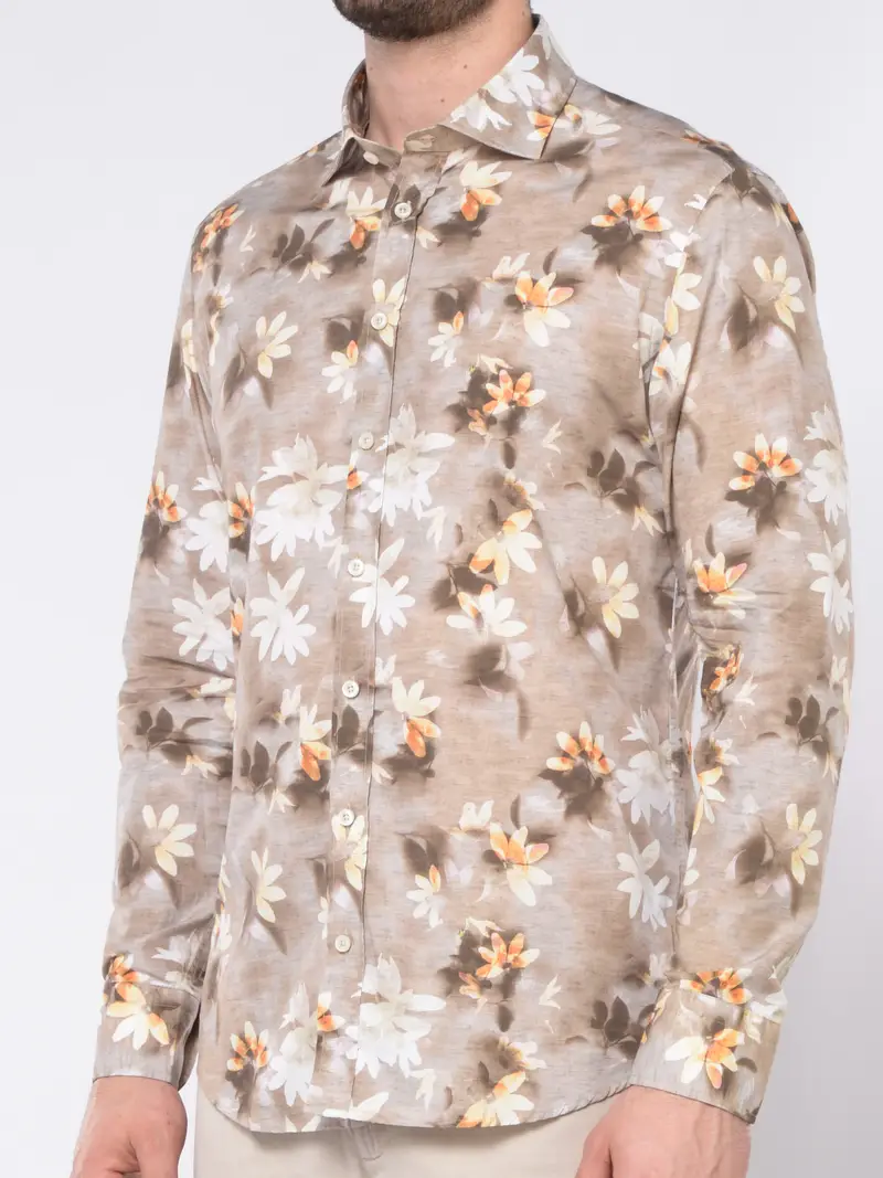camicia da uomo Bastoncino a fiori con collo francese BEIGE