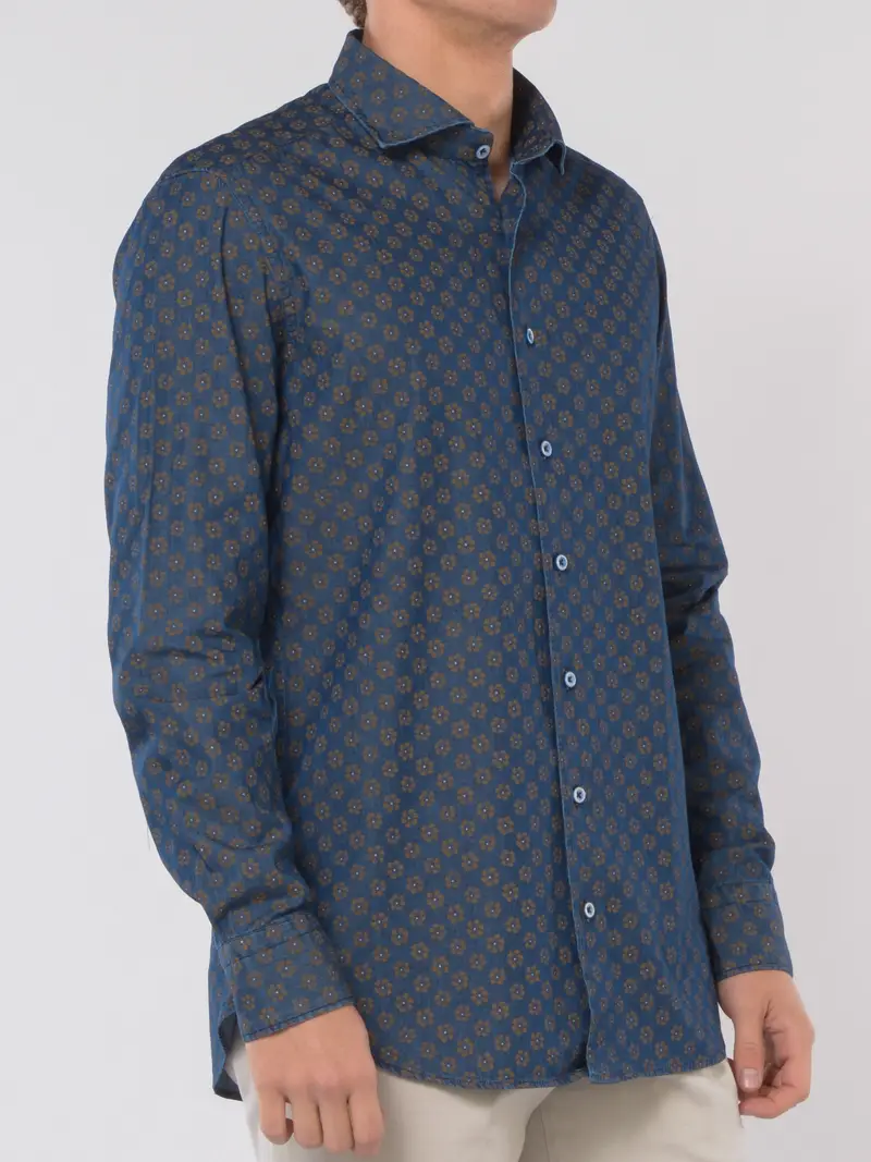 camicia da uomo Bastoncino in cotone fantasia floreale Blu