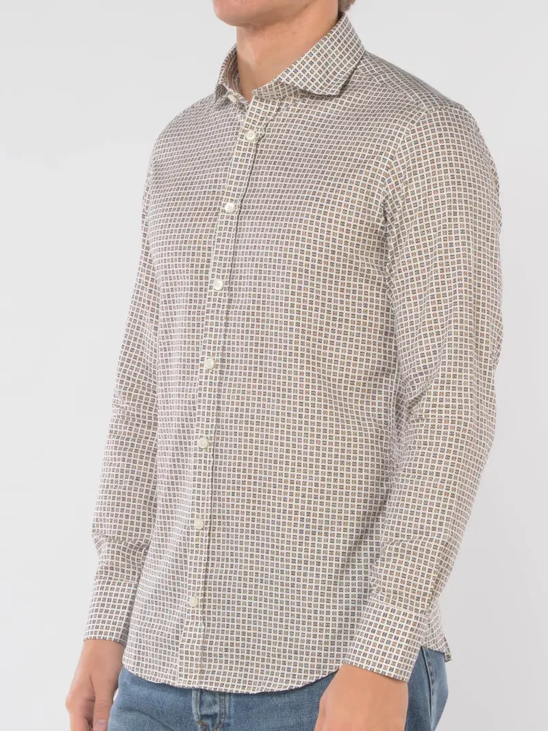 camicia da uomo Bastoncino in cotone fantasia gemoetrica BEIGE