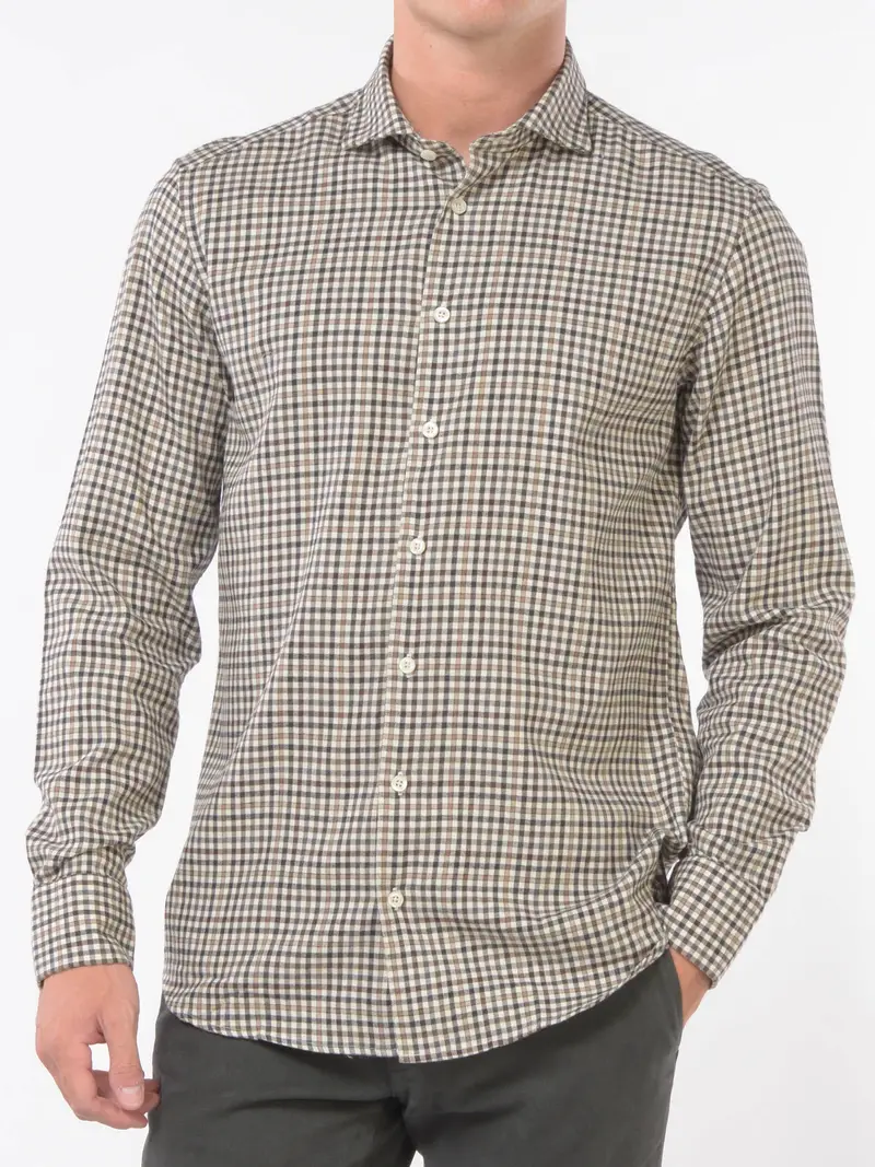 camicia da uomo Bastoncino micro quadro collo francese MARRON