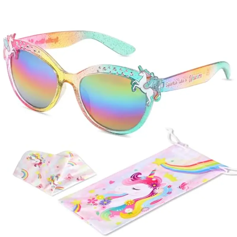 Beipegin Occhiali da Sole Bambina Unicorno Forma di Cuore Protezione UV Ultravioletti Occhiali Sole con Custodia