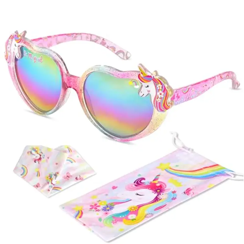Beipegin Occhiali da Sole Bambina Unicorno Forma di Cuore Protezione UV Ultravioletti Occhiali Sole con Custodia