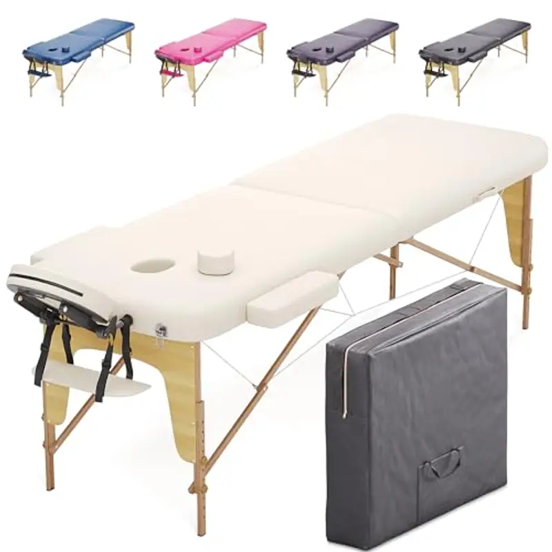 Beltom® LETTINO DA MASSAGGIO 2 ZONE IN LEGNO PORTATILE PESA SOLO 12,8 KG RICHIUDIBILE - PANNELLO REIKI - ANGOLI ARROTONDATI RINFORZATI - Borsa - Panna