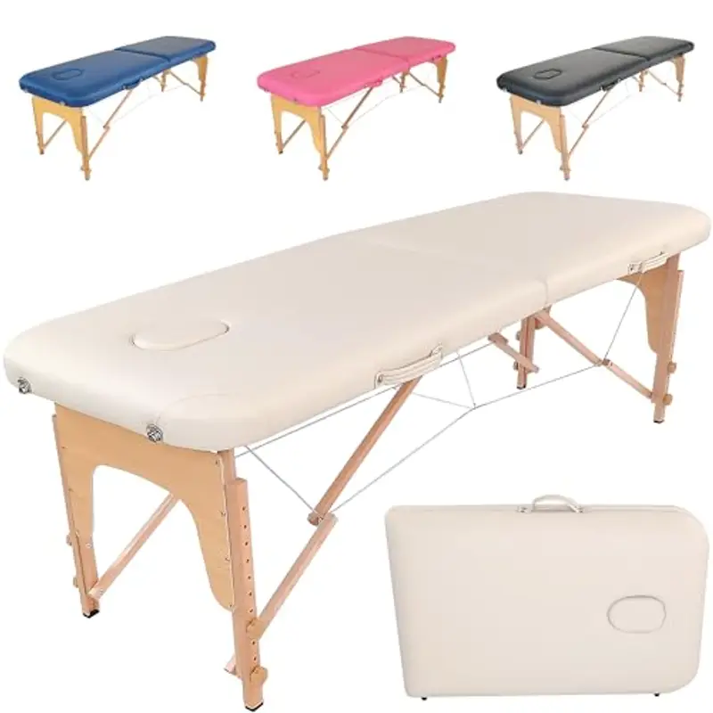 Beltom® LETTINO DA MASSAGGIO BASIC 2 ZONE IN LEGNO PORTATILE PESA SOLO 11,8 KG RICHIUDIBILE + PANNELLO REIKI + ANGOLI ARROTONDATI E RINFORZATI - FISIOTERAPIA ESTETISTA TATTOO TATUAGGI - Panna