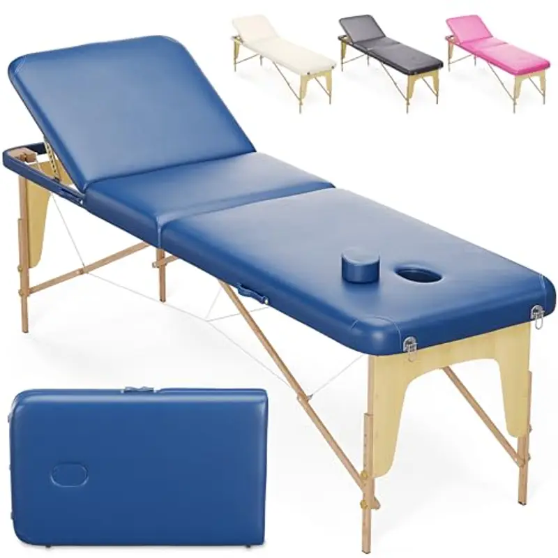 Beltom® Lettino Da Massaggio Basic 3 Zone In Legno Portatile Pesa Solo 12,8 Kg Richiudibile + Pannello Reiki + Angoli Arrotondati E Rinforzati - Fisioterapia Estetista Tattoo Tatuaggi - Blu