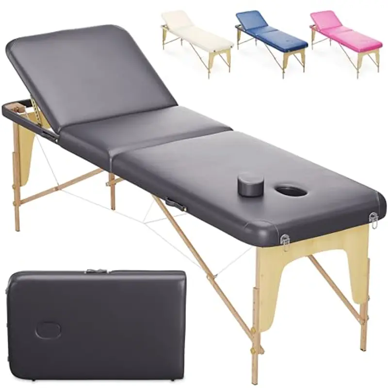 Beltom® Lettino Da Massaggio Basic 3 Zone In Legno Portatile Pesa Solo 12,8 Kg Richiudibile + Pannello Reiki + Angoli Arrotondati E Rinforzati - Fisioterapia Estetista Tattoo Tatuaggi - Nero