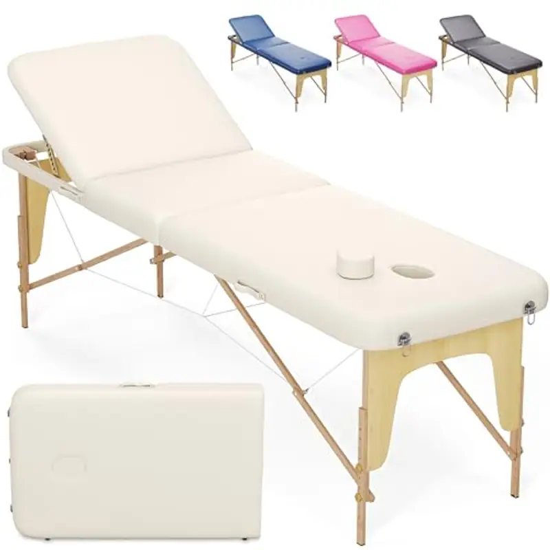 Beltom® Lettino Da Massaggio Basic 3 Zone In Legno Portatile Pesa Solo 12,8 Kg Richiudibile + Pannello Reiki + Angoli Arrotondati E Rinforzati - Fisioterapia Estetista Tattoo Tatuaggi - Panna