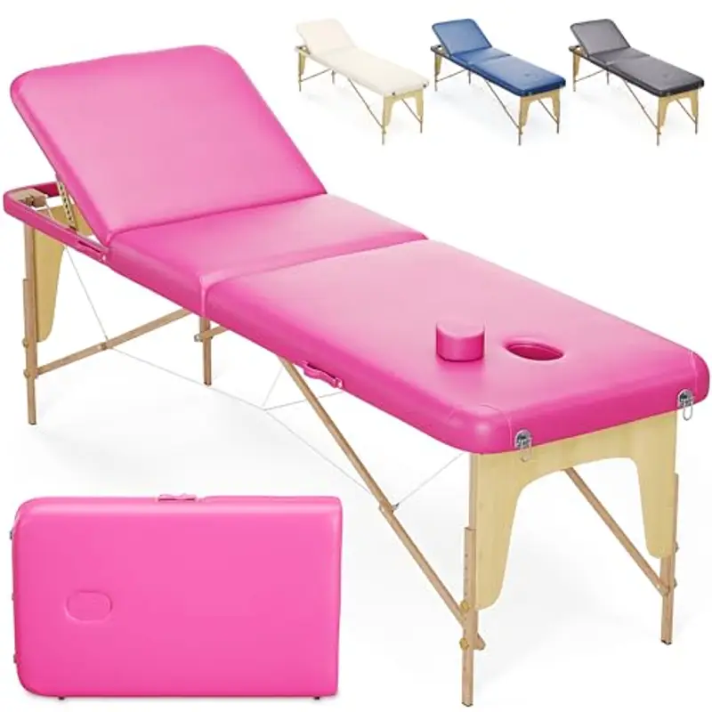 Beltom® Lettino Da Massaggio Basic 3 Zone In Legno Portatile Pesa Solo 12,8 Kg Richiudibile + Pannello Reiki + Angoli Arrotondati E Rinforzati - Fisioterapia Estetista Tattoo Tatuaggi - Rosa