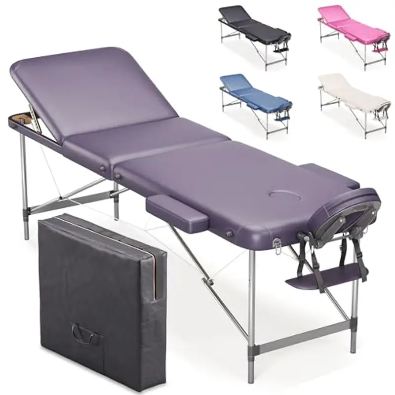 Beltom® Lettino per Massaggi 3 Zone Alluminio 195x70 Cm Portatile Pieghevole Angoli Arrotondati Rinforzati Lilla