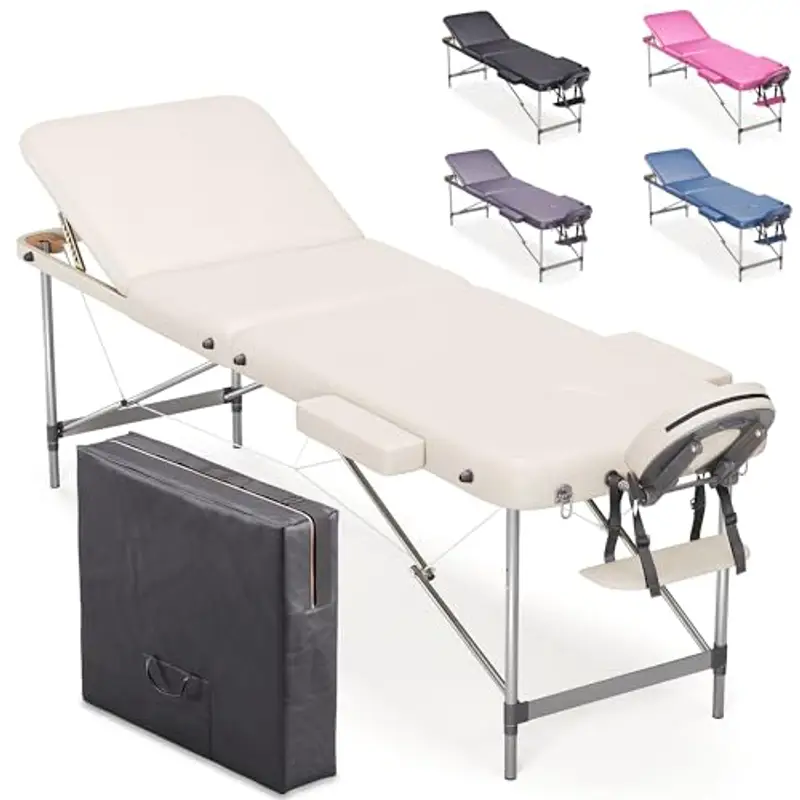 Beltom® Lettino per Massaggi 3 Zone Alluminio 195x70 Cm Portatile Pieghevole Angoli Arrotondati Rinforzati Panna