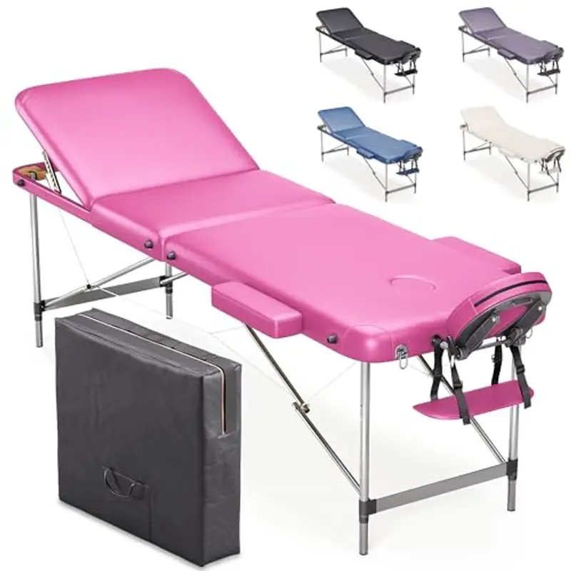 Beltom® Lettino per Massaggi 3 Zone Alluminio 195x70 Cm Portatile Pieghevole Angoli Arrotondati Rinforzati Rosa