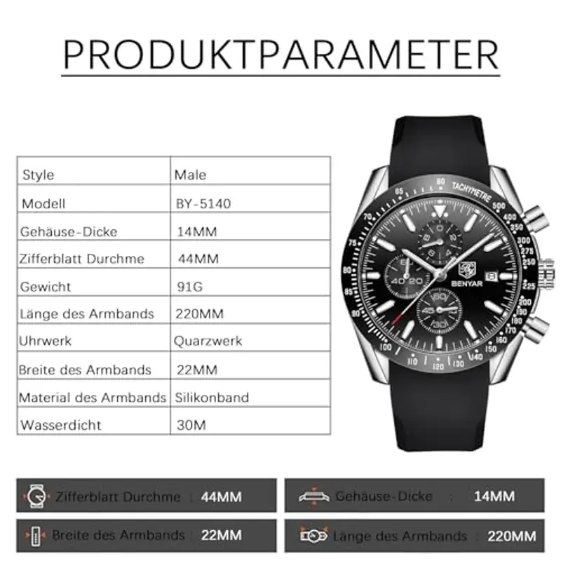 BENYAR Orologio da uomo Al Quarzo Timing Code 30M Cinturino Impermeabile Data Display Glow Sport Cinturino in pelle Regalo Moda Orologio da uomo miniatura 2