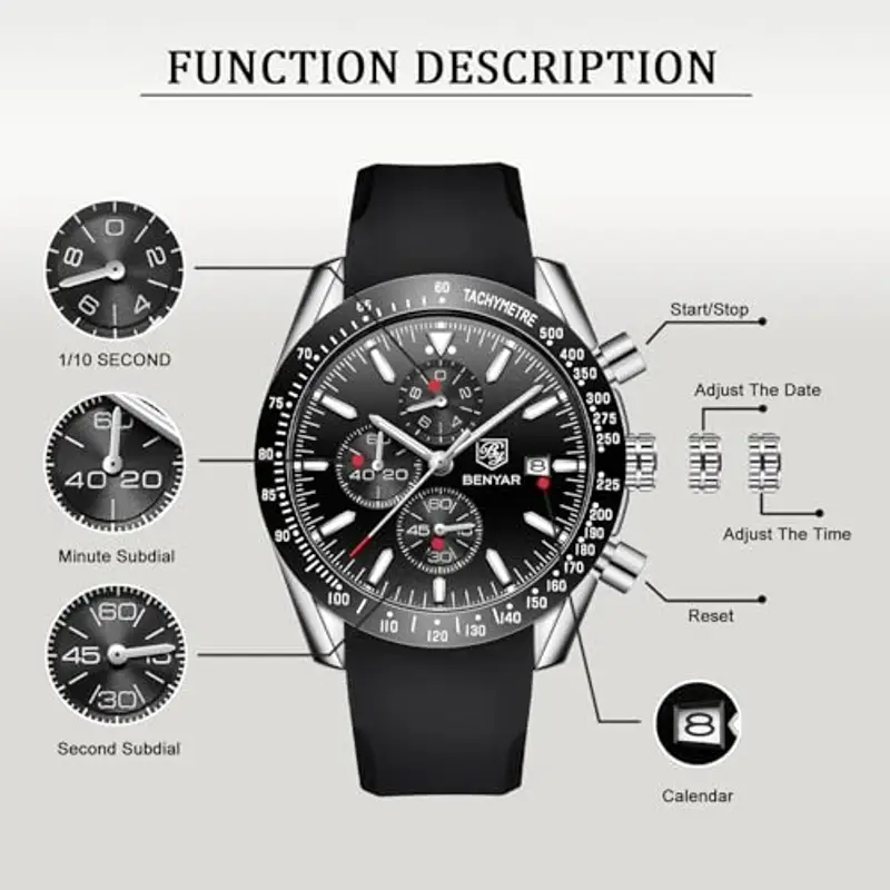 BENYAR Orologio da uomo Al Quarzo Timing Code 30M Cinturino Impermeabile Data Display Glow Sport Cinturino in pelle Regalo Moda Orologio da uomo miniatura 3