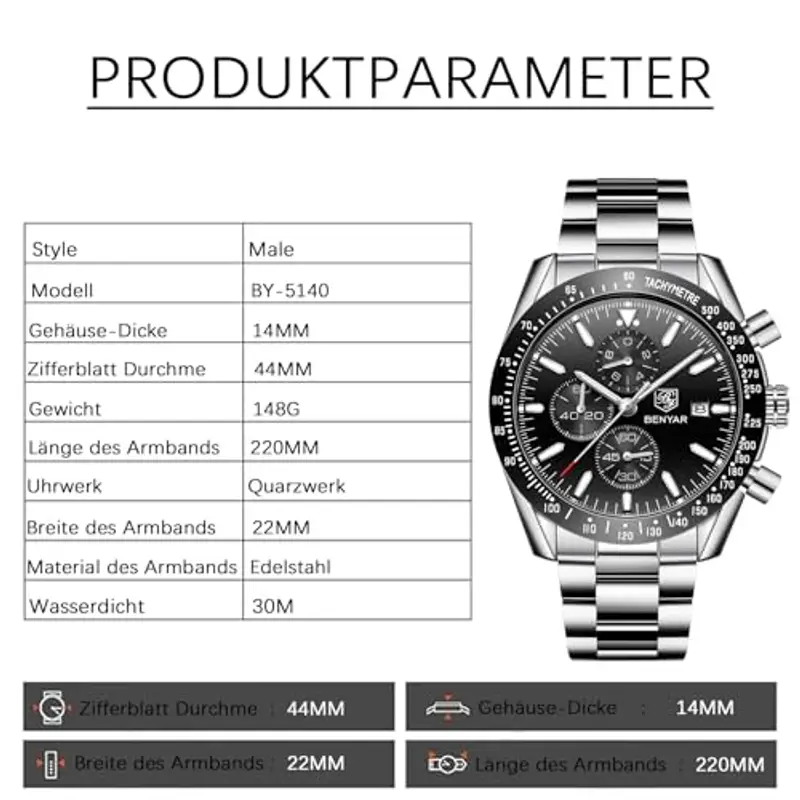 BENYAR Orologio da uomo Al Quarzo Timing Code 30M Cinturino Impermeabile Data Display Glow Sport Cinturino in pelle Regalo Moda Orologio da uomo miniatura 2