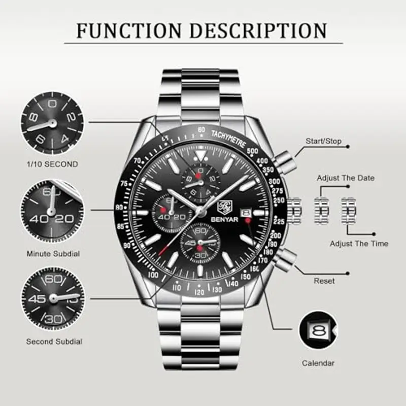 BENYAR Orologio da uomo Al Quarzo Timing Code 30M Cinturino Impermeabile Data Display Glow Sport Cinturino in pelle Regalo Moda Orologio da uomo miniatura 3