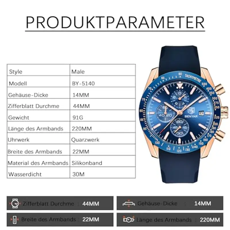 BENYAR Orologio da uomo Al Quarzo Timing Code 30M Cinturino Impermeabile Data Display Glow Sport Cinturino in pelle Regalo Moda Orologio da uomo miniatura 2