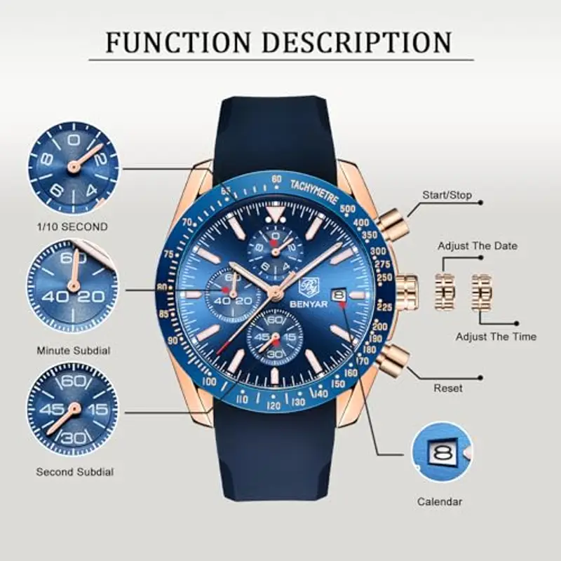 BENYAR Orologio da uomo Al Quarzo Timing Code 30M Cinturino Impermeabile Data Display Glow Sport Cinturino in pelle Regalo Moda Orologio da uomo miniatura 3