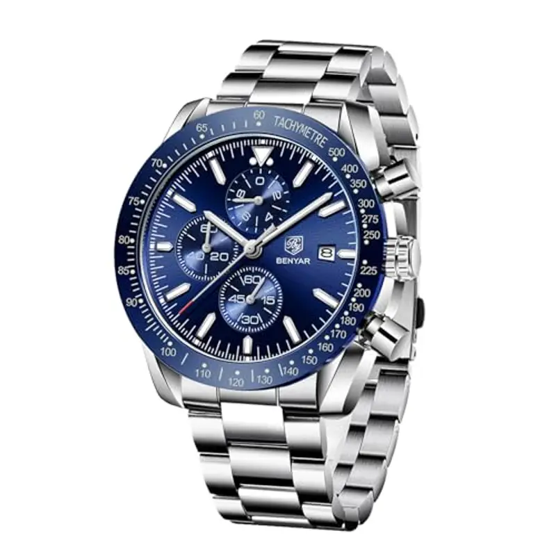 BENYAR Orologio da uomo Cronografo al quarzo 30M impermeabile con datario Luminoso Sporty Cinturino in pelle Regali alla moda per gli uomini(blu)