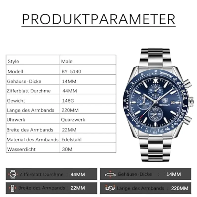 BENYAR Orologio da uomo Cronografo al quarzo 30M impermeabile con datario Luminoso Sporty Cinturino in pelle Regali alla moda per gli uomini(blu) miniatura 2
