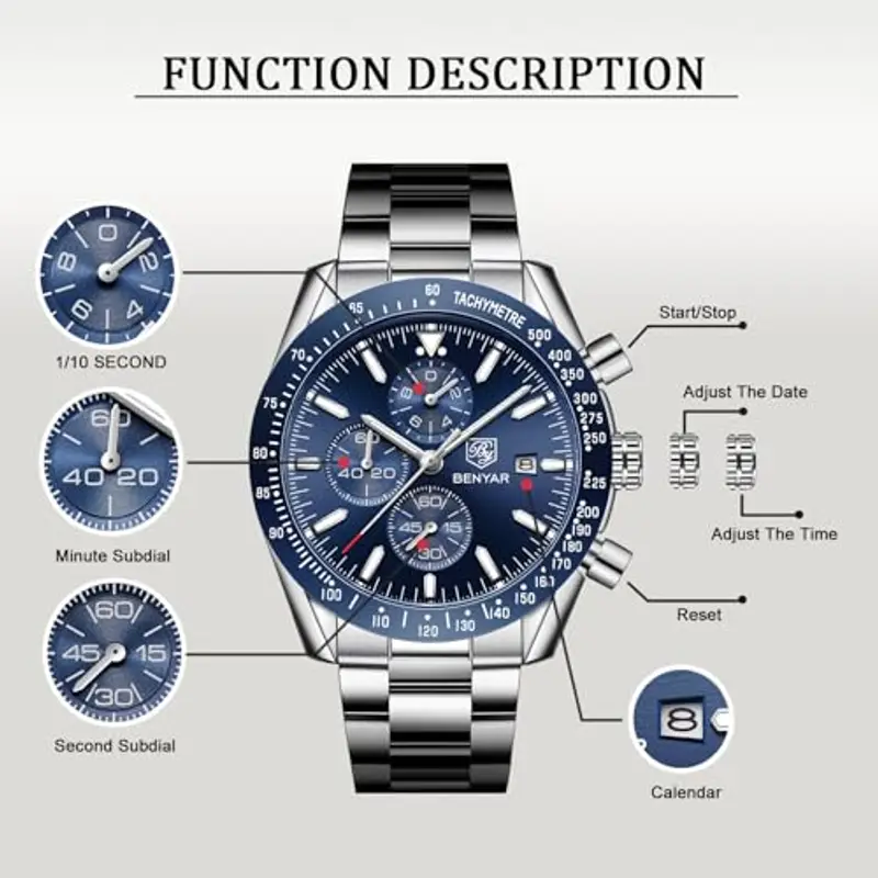 BENYAR Orologio da uomo Cronografo al quarzo 30M impermeabile con datario Luminoso Sporty Cinturino in pelle Regali alla moda per gli uomini(blu) miniatura 3