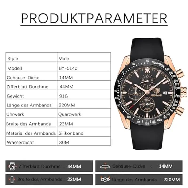 BENYAR Orologio da uomo Cronografo al quarzo 30M impermeabile con datario Luminoso Sporty Cinturino in pelle Regali alla moda per gli uomini(caoutchouc Nero dorato) miniatura 2