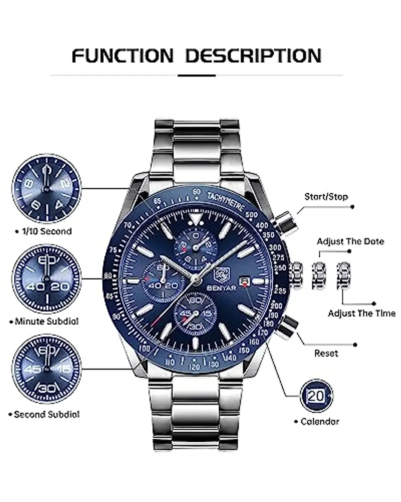 BENYAR Orologio Uomo Analogico al Quarzo Cronografo Impermeabile Luminoso Data Orologio da Polso Cinturino in Acciaio Inox Moda Sportivo Affari Orologi Elegante Regalo per Uomo miniatura 3
