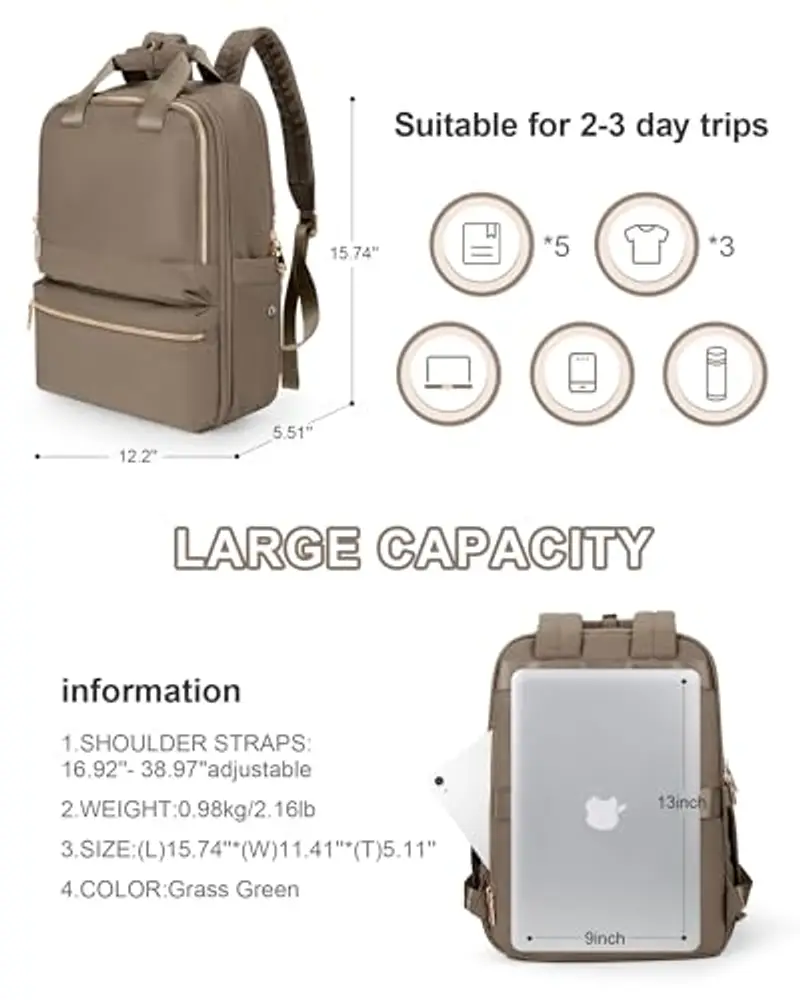 bergsalz Zaino Donna Uomo Sportivo Impermeabile Con Scomparto per Tasca Umida, Da Viaggio Aereo, Bagaglio A Mano, Fitness Casual Marrone miniatura 2