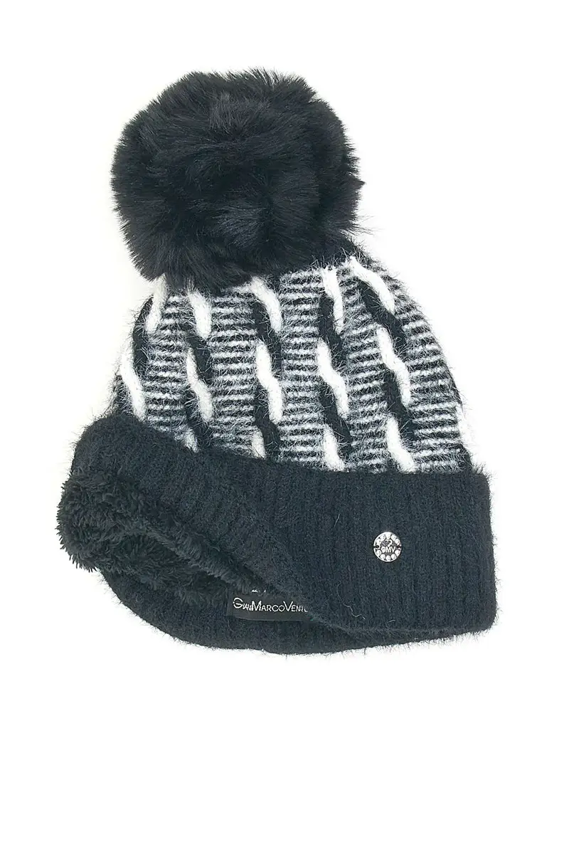 Berretto con pon-pon nero e bianco con interno foderato GIANMARCO VENTURI 61055 miniatura 2
