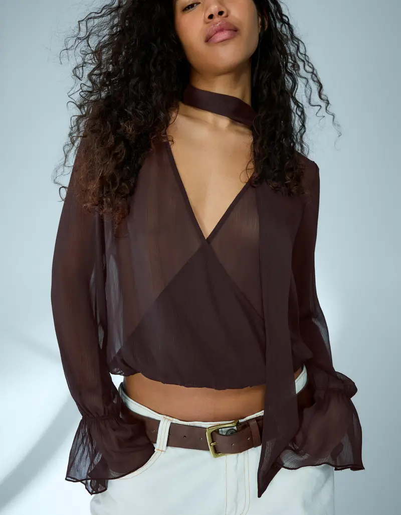 Blusa Maniche Lunghe Incrociata Con Foulard Donna Marrone