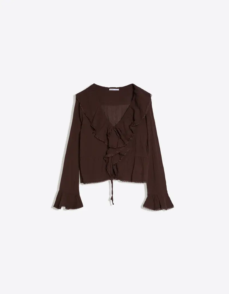 Camicetta Maniche Lunghe Rustica Con Volant Donna Marrone