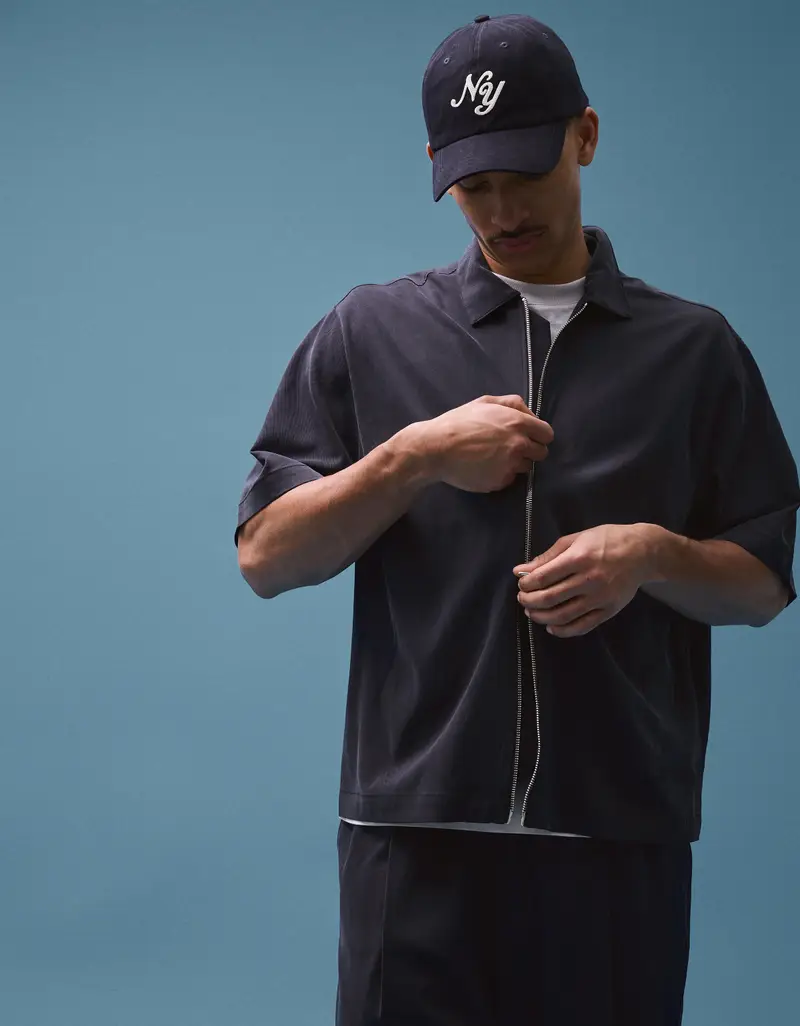 Camicia A Maniche Corte Boxy Fit Fluida Uomo Marino