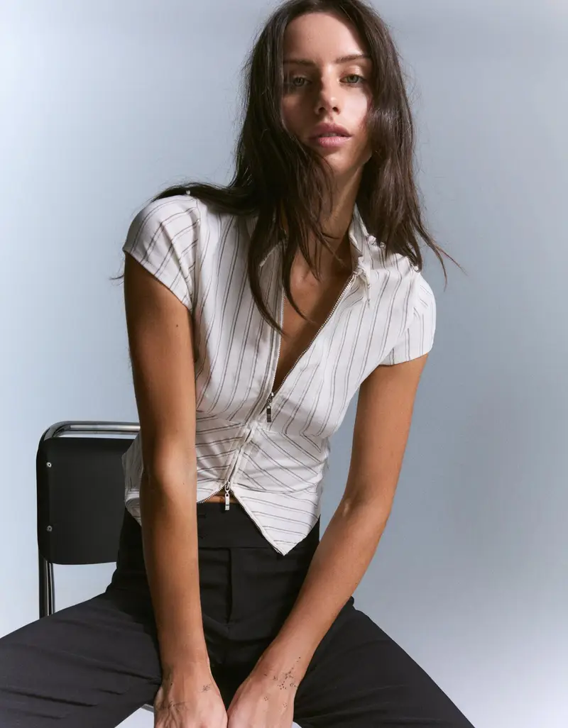 Camicia A Maniche Corte Cerniera Donna Grigio