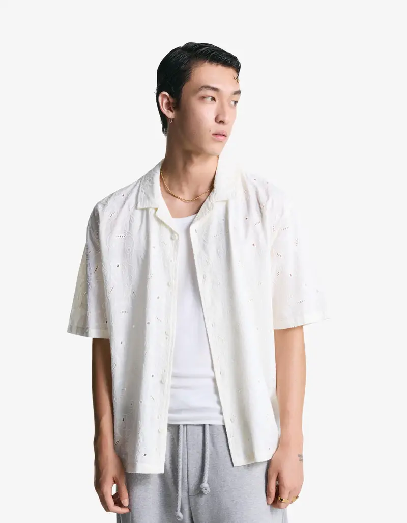 Camicia A Maniche Corte Con Ricamo Floreale Uomo Sabbia