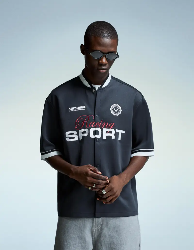 Camicia A Maniche Corte Ricamata Uomo Marino