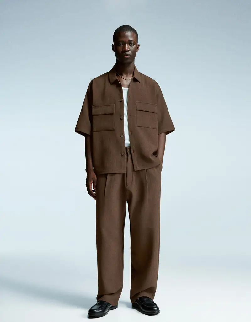 Camicia A Maniche Corte Tailored Fit Uomo Marrone