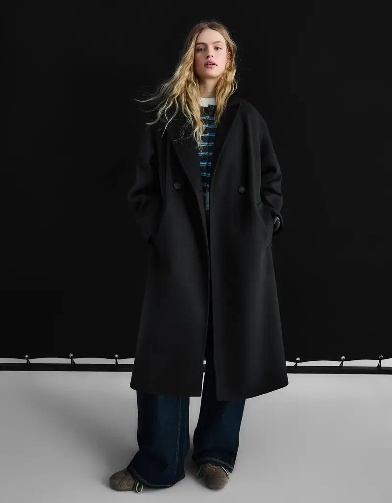Bershka Cappotto Doppiopetto Soft Touch Nero Donna
