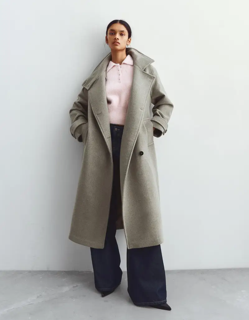 Cappotto Lungo A Collo Alto Donna Sabbia