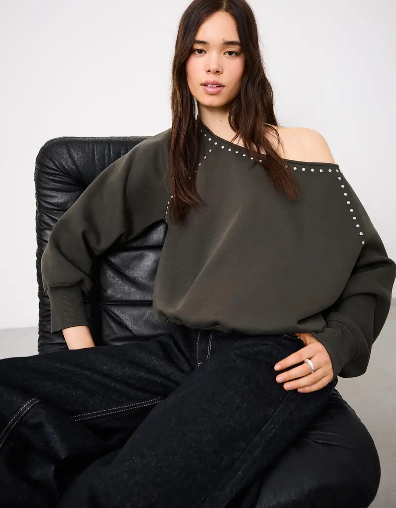 Felpa Asimmetrica Borchie Donna Kaki