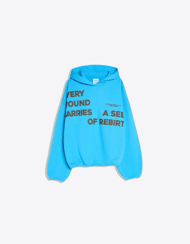 Felpa Cappuccio Stampa Donna Azzurro Lavato