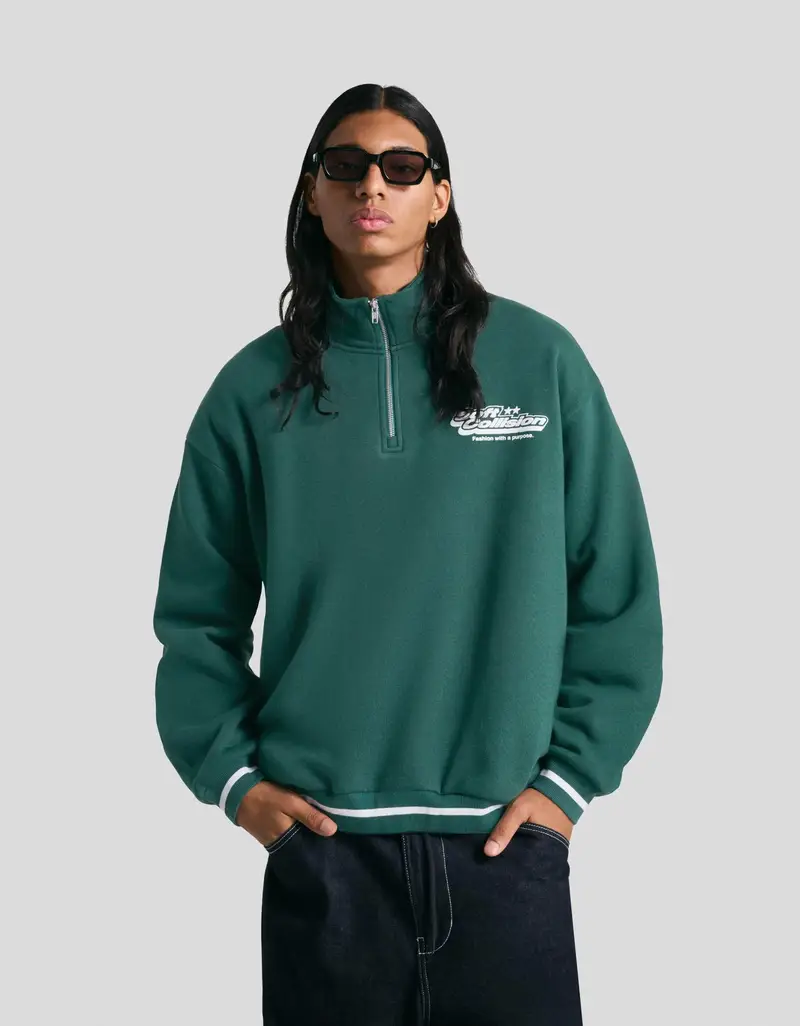 Felpa Collo Zip Stampa Uomo Verde