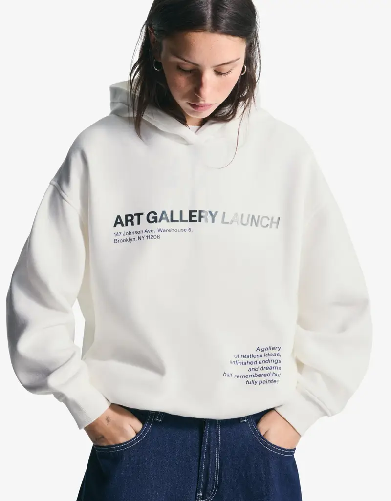 Bershka Felpa Con Cappuccio E Stampa Donna L Bianco Roto