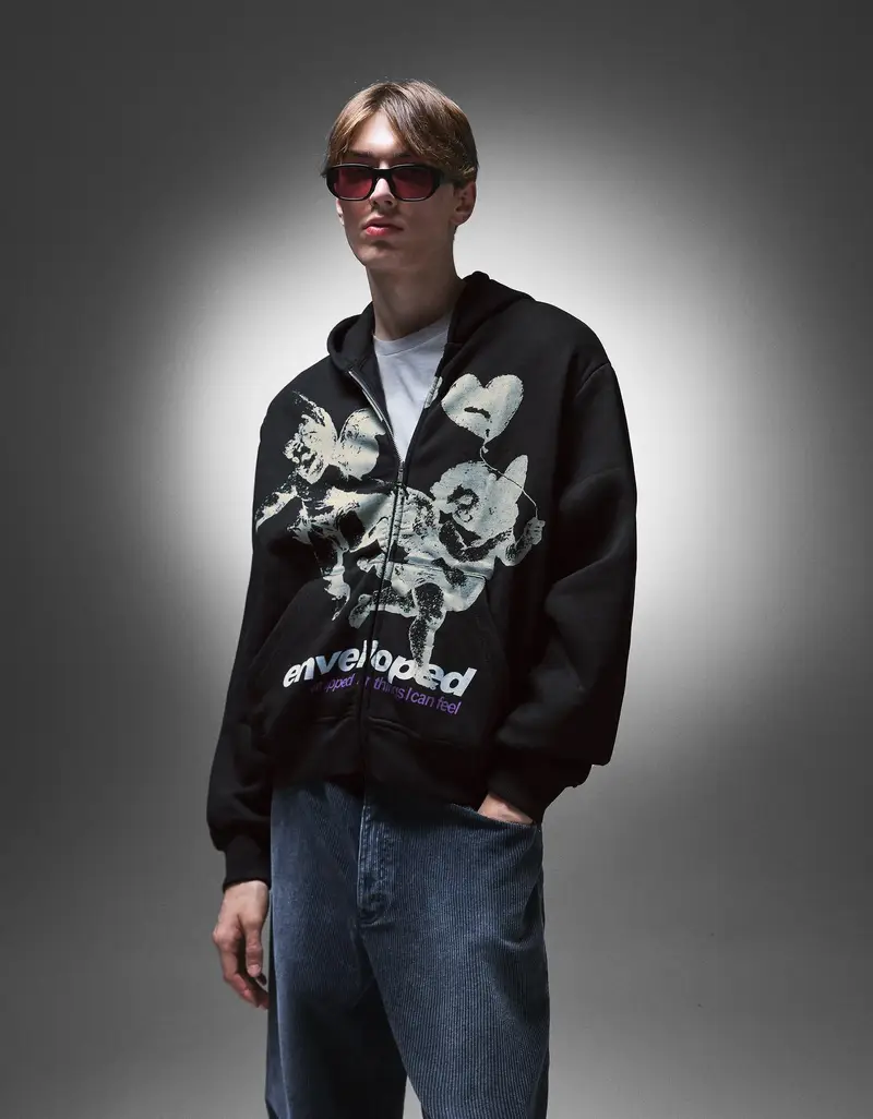 Felpa Con Cerniera Cappuccio Stampa Uomo Nero