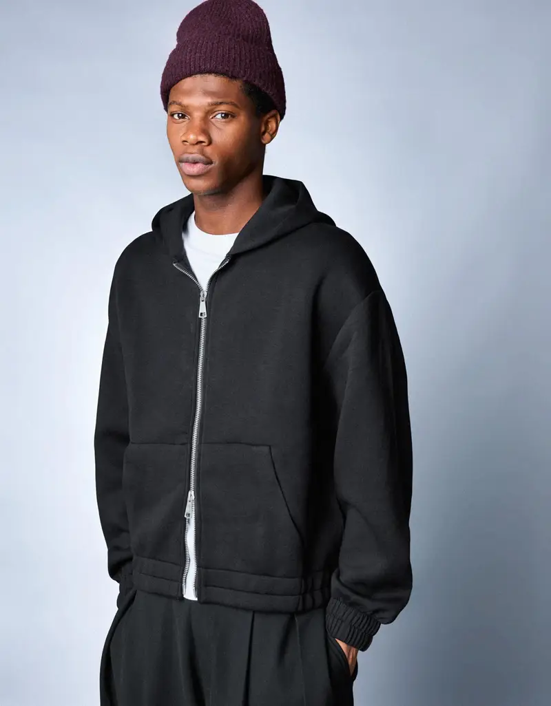 Felpa Con Cerniera E Cappuccio Effetto Neoprene Uomo Nero