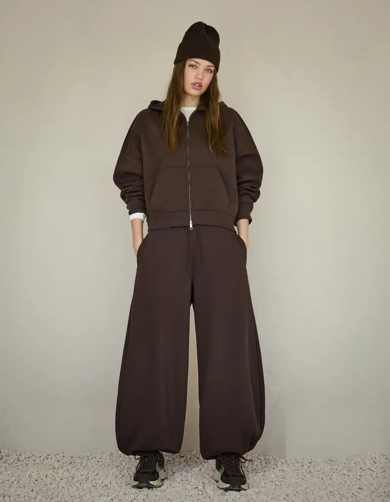 Felpa Con Zip Oversize E Cappuccio Donna Marrone