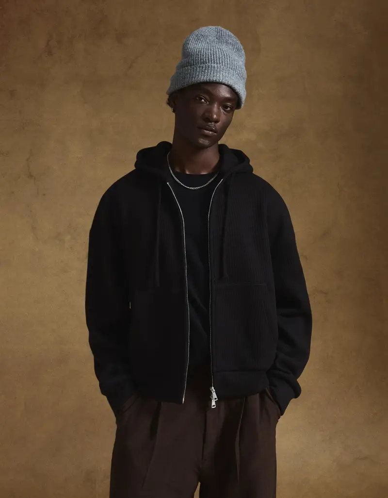 Felpa Con Zip Waffle Uomo Nero