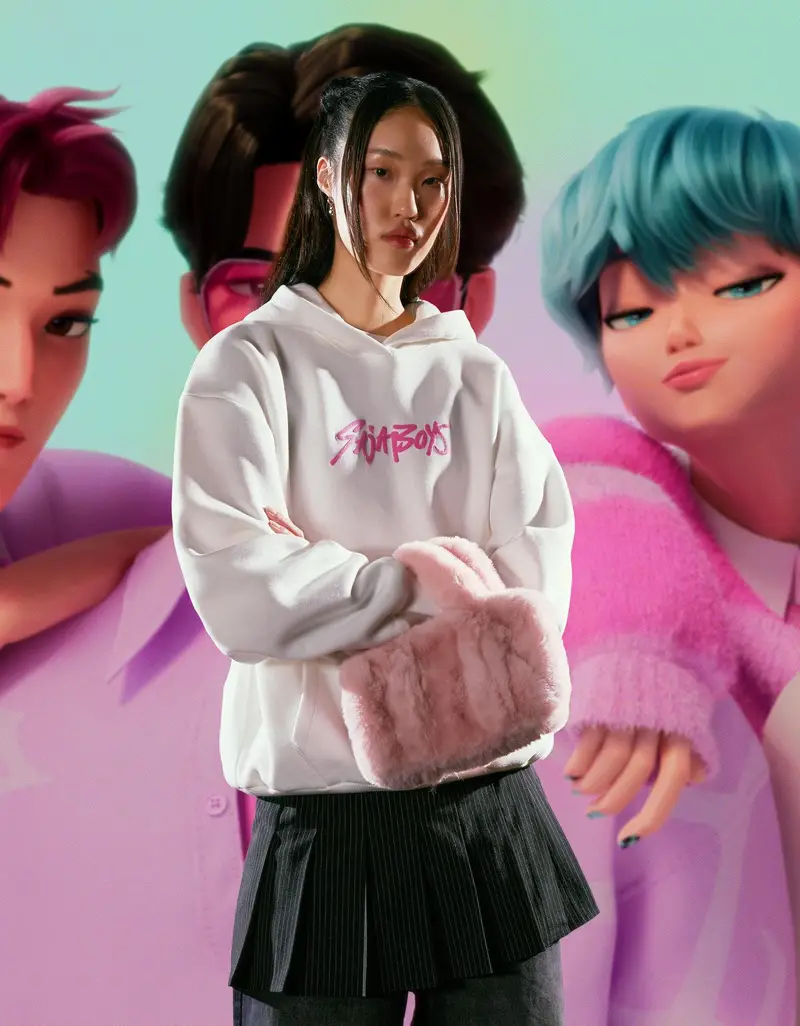 Felpa Kpop Demon Hunters Huntr/X Cappuccio Stampa Donna Avorio