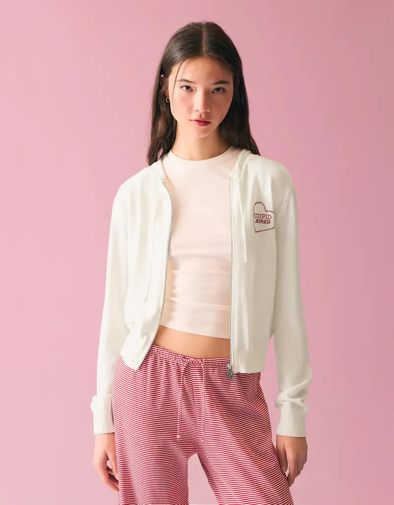 Felpa Zip Cappuccio Stampa Donna Avorio