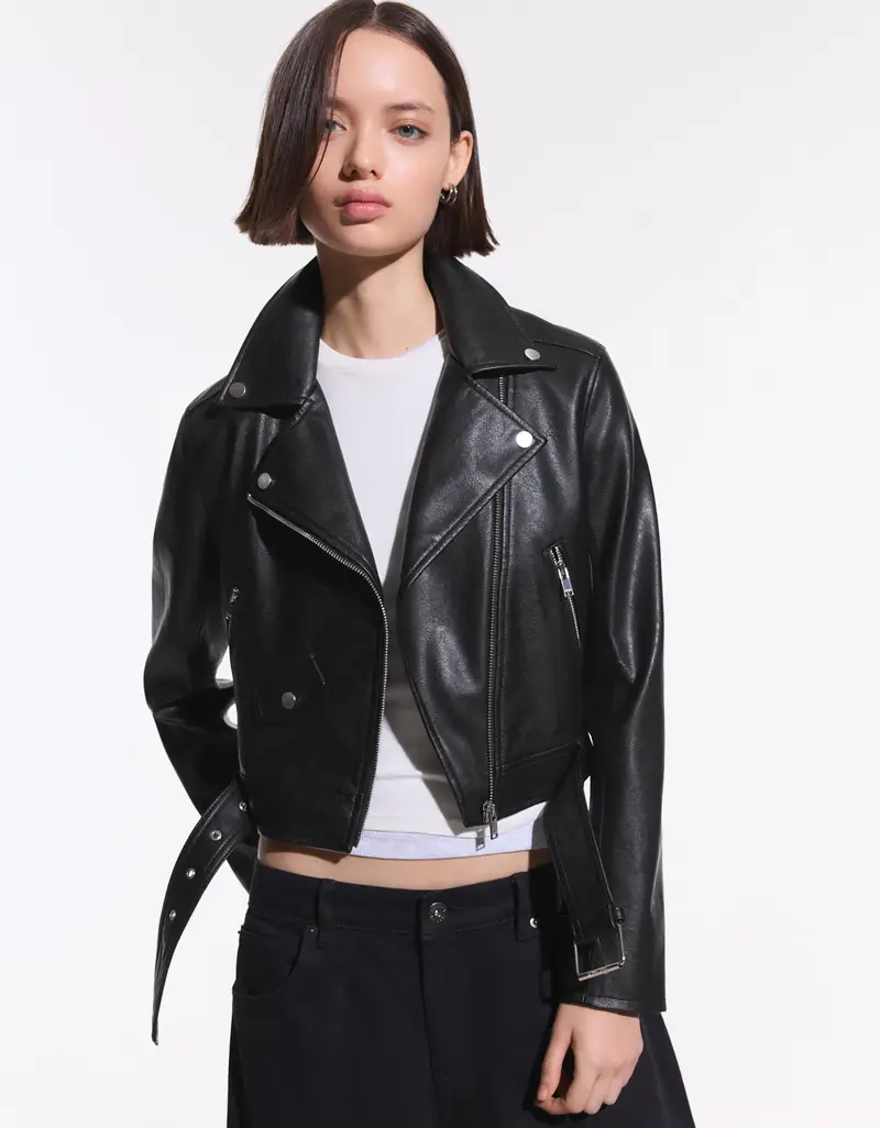 Giacca Biker In Finta Pelle Donna Nero